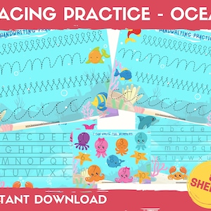 Op de afbeelding: Oefenbladen voor kinderen om te traceren met een oceaan thema. De oefenbladen bevatten het traceren van letters, cijfers en lijnen. De oefenbladen zijn ontworpen om kinderen te helpen leren schrijven en hun fijne motoriek te verbeteren. De oefenbladen zijn gedrukt op 8 vellen papier.
