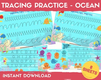 Ocean Tracing Worksheets: ABC, Numbers, Line Practice (Digital Download)