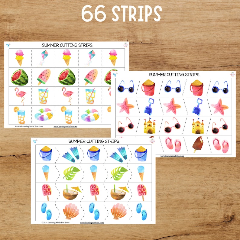 May include: Three printable worksheets with a summer theme. Each worksheet has 11 rows of images with dotted lines for cutting. The images include ice cream cones, watermelon slices, flamingos, sunglasses, pails, seashells, and more.