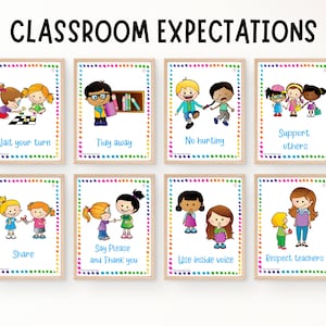 Pode incluir: Carteles de expectativas da sala de aula com bordas coloridas e ilustra&ccedil;&otilde;es de crian&ccedil;as. Os cartazes incluem frases como "Espere sua vez", "Arrume", "N&atilde;o machuque", "Apoie os outros", "Compartilhe", "Diga por favor e obrigado", "Use a voz interna" e "Respeite os professores".