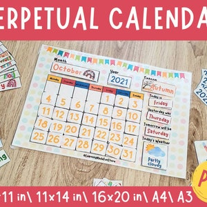 Eeuwigdurende kalender, afdrukbare klaskalender, Homeschool Montessori-materialen, weergrafiek maanden van het jaar, voorschoolse curriculum