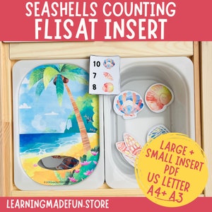 May include: A seashell counting activity for children. The activity includes a wooden frame with a beach scene insert and a separate tray for seashells. The tray has a yellow circle with the text "LARGE + SMALL INSERT PDF US LETTER A4+ A3".