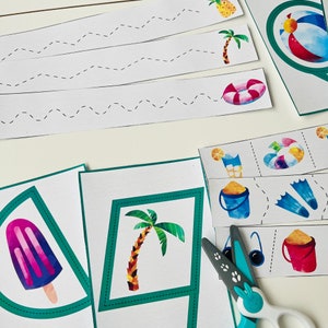 May include: A set of printable summer-themed activity sheets for kids. The sheets feature tracing lines, cut-and-paste activities, and matching games. The images include a palm tree, a beach umbrella, a beach ball, a pair of flip-flops, and a popsicle.