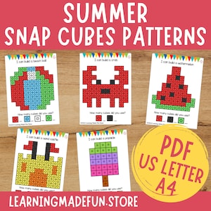Tapetes de cubos de verano, tarjetas de tareas de cubos de conexión, preescolar, juego de jardín de infantes, centros de matemáticas, habilidades motoras finas, contar imprimible