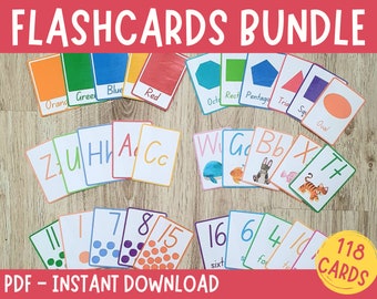 Montessori Flashcards Bundle, Alphabet Flash Cards, Numbers 1-20 Cards, Shapes Flashcards, Color Flashcards, Printable, Preschool Flashcards