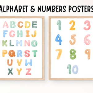 Alphabet Numbers Classroom Posters, Educational Prints, Homeschool Preschool Nursery ABC 123 Printable, Set of 2 Posters, Neutral Wall Art