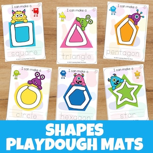 May include: A set of educational playdough mats displaying shapes such as a square, triangle, pentagon, circle, hexagon, and star. Each card includes a shape outline, the shape's name, and a cartoon monster. The text "I can make a" is at the top.