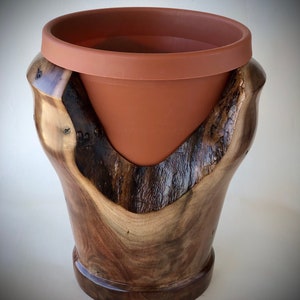 May include: A wooden planter with a natural brown finish, featuring a unique, carved design. A terracotta pot sits inside the wooden planter.