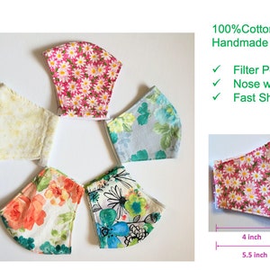 Cotton Face Mask with Filter Pocket and Nose Wire Slot | Reusable | Washable | Floral Designs