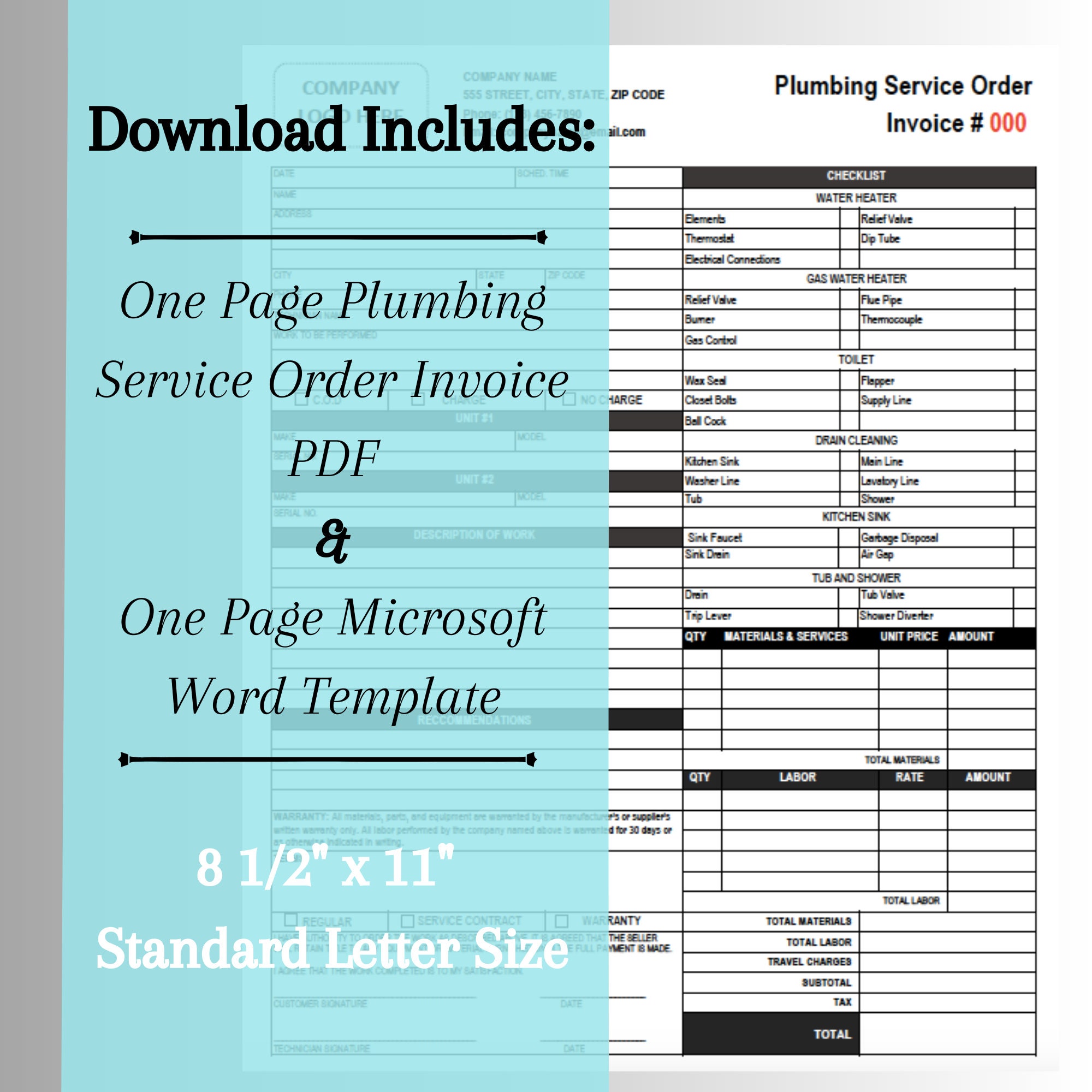 Editable & Printable Plumbing Service Order Form Invoice - Etsy