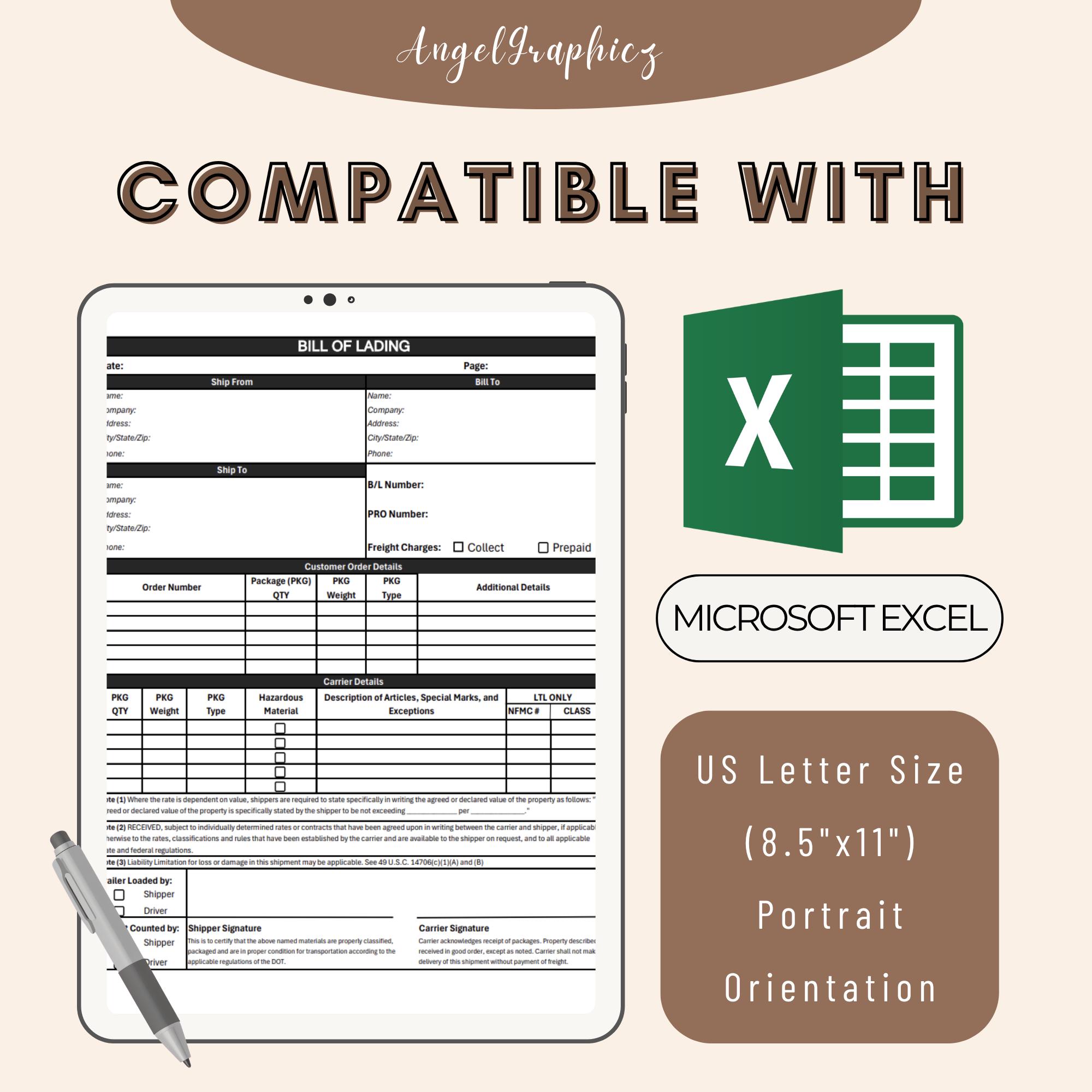 Bill of Lading, B/L Form, Ready to Print, Excel Template, Editable ...
