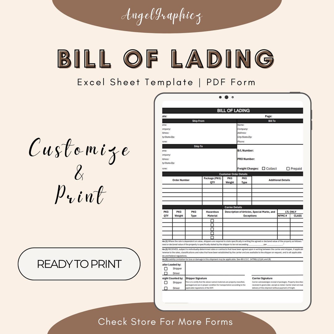 Bill of Lading, B/L Form, Ready to Print, Excel Template, Editable ...