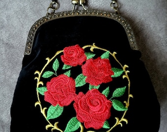 Schwarze Tasche, Tasche, Samttasche, bestickte Tasche, kleine Tasche, Abendtasche