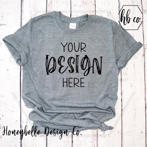 Gildan 64000 Heather Graphite Unisex Tee mockup Gildan Softstyle Mockup Flat Lay Shirt Mock Up Fall mockup White Wooden Background