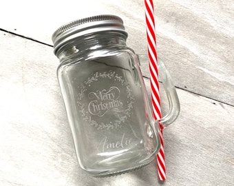 Mason Jar personalized and engraved with Christmas motif