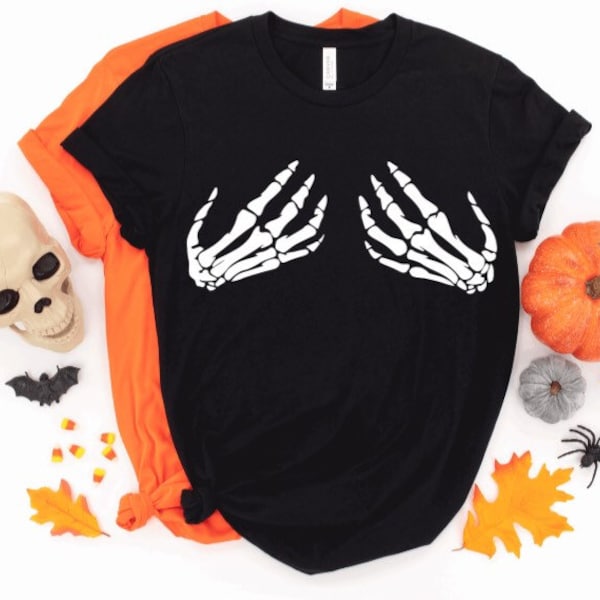Skeleton Hands Bra Funny Halloween Party Tshirt Adult Womens