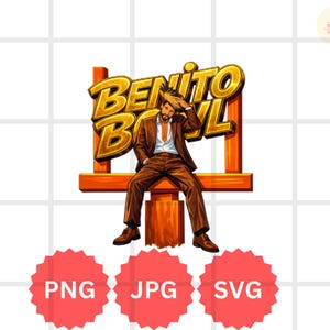 May include: A digital illustration featuring a man in a brown suit seated on a wooden structure, with the words "BENITO BOWL" in gold lettering above. The image includes red starburst icons labeled "PNG", "JPG", and "SVG".