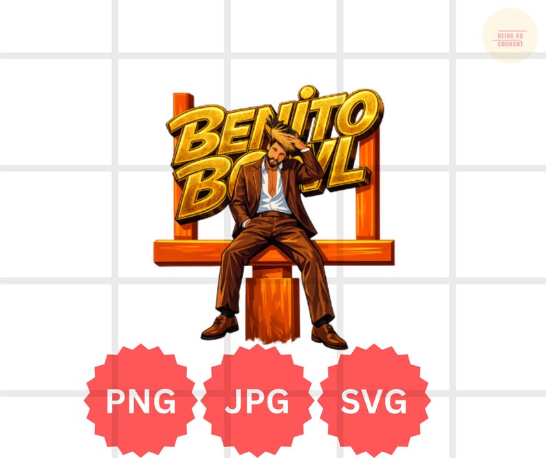 May include: A digital illustration featuring a man in a brown suit seated on a wooden structure, with the words "BENITO BOWL" in gold lettering above. The image includes red starburst icons labeled "PNG", "JPG", and "SVG".