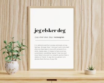 jeg elsker deg Impresión de definición DIGITAL noruega, impresión hygge, decoración de Noruega, regalo de aniversario, impresión boho, tipografía, impresión de citas