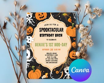 May include: A Halloween-themed birthday party invitation with a black background and orange pumpkins. The text reads "Join us for a Spooktacular Birthday Bash to celebrate Benjie's 1st Boo-Day, October 29, 3:00 PM. Benjie's House, 64 Birthday Lane, RSVP to Lynn at 123-456-7890. Spooky costumes are encouraged."