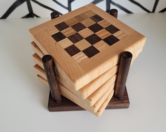 Handmade Walnut, Maple, Cherry, and Oak checkers patterned Coasters, set of 5. High-end finish.
