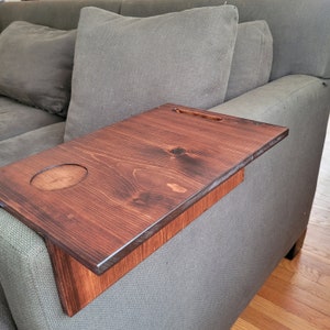 Handmade wood couch arm table with extension. Stained wood, dark finish. Custom. Sofa arm table overhang, tray. Couch arm tray with ledge.