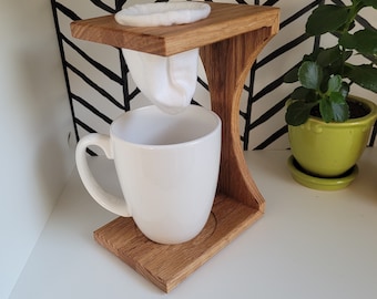 Hand made coffee drip wood stand with reusable filter.