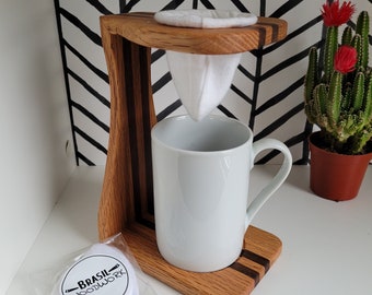 Hand made coffee drip stand with reusable filter. Made with solid oak wood and walnut details. Personal coffee drip. Individual pour over.