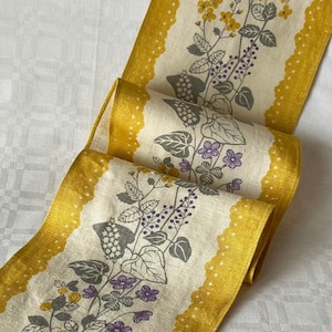 Soft Coloured Long Table Runner. Made of Linen. Hand Printed with Flowers and Leaves. Swedish Made in the 1960's.