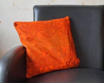 1970's Pillow Case in Stunning Orange. Hand Crafted with Printed Fabric and Corduroy. With Zipper Closing. Made in Sweden.