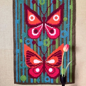 Hand Embroidered Wall Hanging. Vintage Wall Decor. Butterfly Pattern. Big Cross-Stitches. Wool Yarn on Aida. Swedish Made. 1970&#39;s.