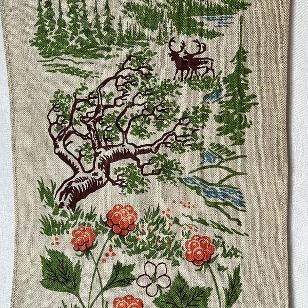 North Sweden Hand Printed Wall Hanging. Mountain Birch, Reindeers, Mountains and Cloudberries. Printed on linen. Not Signed.