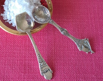 2 Salt or Spice Mini Spoons. Sailboat Spoon 835 Solid Silver and Viking Ship Spoon Silver Plated. Both Marked. Made in the 1950's.