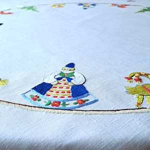 Broderad stor julduk. Mittcirkel fylld med julgranskulor. Handgjord. Flerfärgad. Svensk. 1940-tal. Bordslinne.