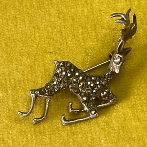 Art Deco Solid Silver Brooch. Fawn Deer Brooch with Marcasites. Small Brooch with Rhinestone Eyes. Nail Closure with Hook. Signed 900.