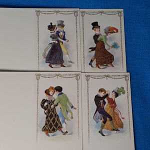 Tarjetas de baile antiguas sin escribir. Cuatro diseños diferentes. Cuatro de cada uno. Tarjetas de felicitación. Impresión de alta calidad con dorado. Cartulina color marfil. Principios del siglo XX.