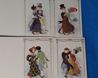 Tarjetas de baile antiguas sin escribir. Cuatro diseños diferentes. Cuatro de cada uno. Tarjetas de felicitación. Impresión de alta calidad con dorado. Cartulina color marfil. Principios del siglo XX.