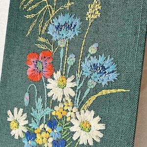 Tapiz bordado a mano. Fabricado en Suecia. Lino azul. Hilo de algodón. Ramo de flores de verano. Montado sobre cartón. Imagen bordada.
