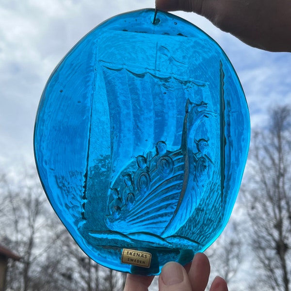 Swedish Glass Sun Catcher. Hand Crafted in Crystal Glass. Made by Ekenäs Glassware. Cobalt Blue Viking Ship. In Good Condition.