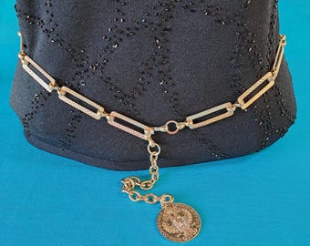 1970s Gilded Metal Chain Belt with Coin Charm - Adjustable