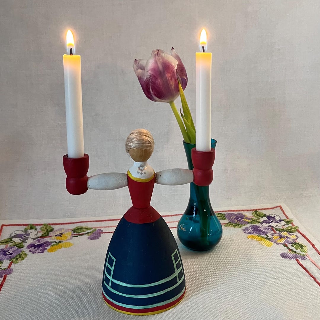 Folk Art Wooden Doll Figurine. Double Candle Holder. for Chime