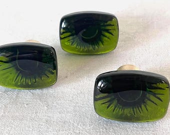 3 Lime Green Glass Cabinet Knobs. Furniture Knobs. 1960's. Rectangular Shape. Glass with Brass. Ridge Pattern. Door Knobs. Drawer Pulls.
