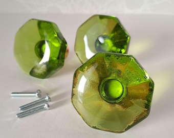 Vintage Glass and Brass Cabinet Knobs. Furniture Knobs. Drawer Pulls. 1960s. Lime Green. Swedish "Verrina". Door Knobs. 8 Corners.