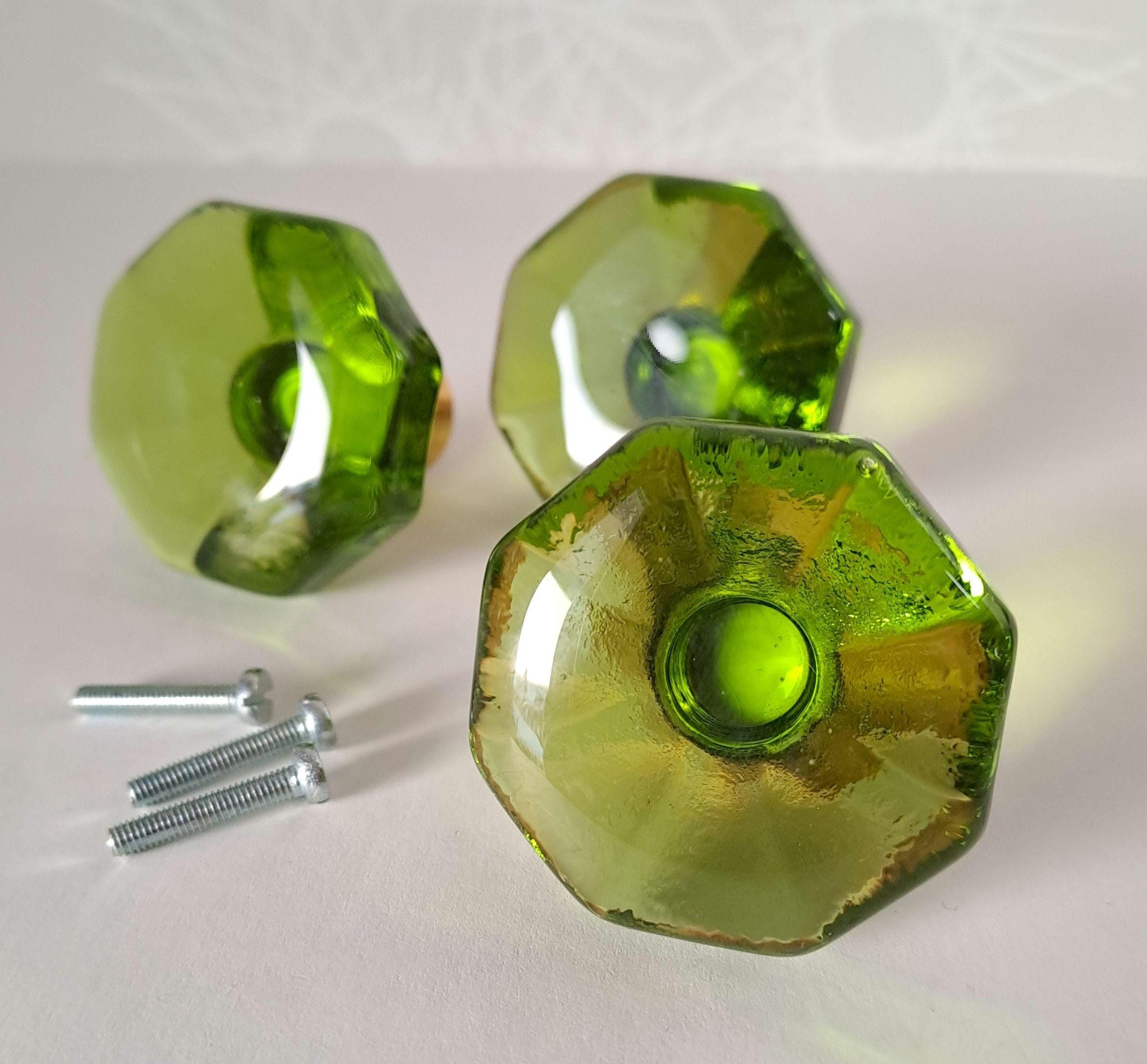 Vintage Lime Green Glass Cabinet Knobs, Swedish Brass Verrina, Set