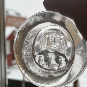 Clear Glass Miniature Ornament. Designed by Erik Höglund. Women Picture in the Bottom. . Made at Boda Glassware Sweden. From the 1960's.