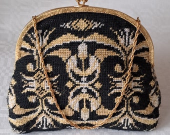 Hand Embroidered Clutch Bag. Needlework Evening Bag. Yarn in Black, Beige and Gold. Gilt Metal Frame with Rose Clasps. Chain Handle.