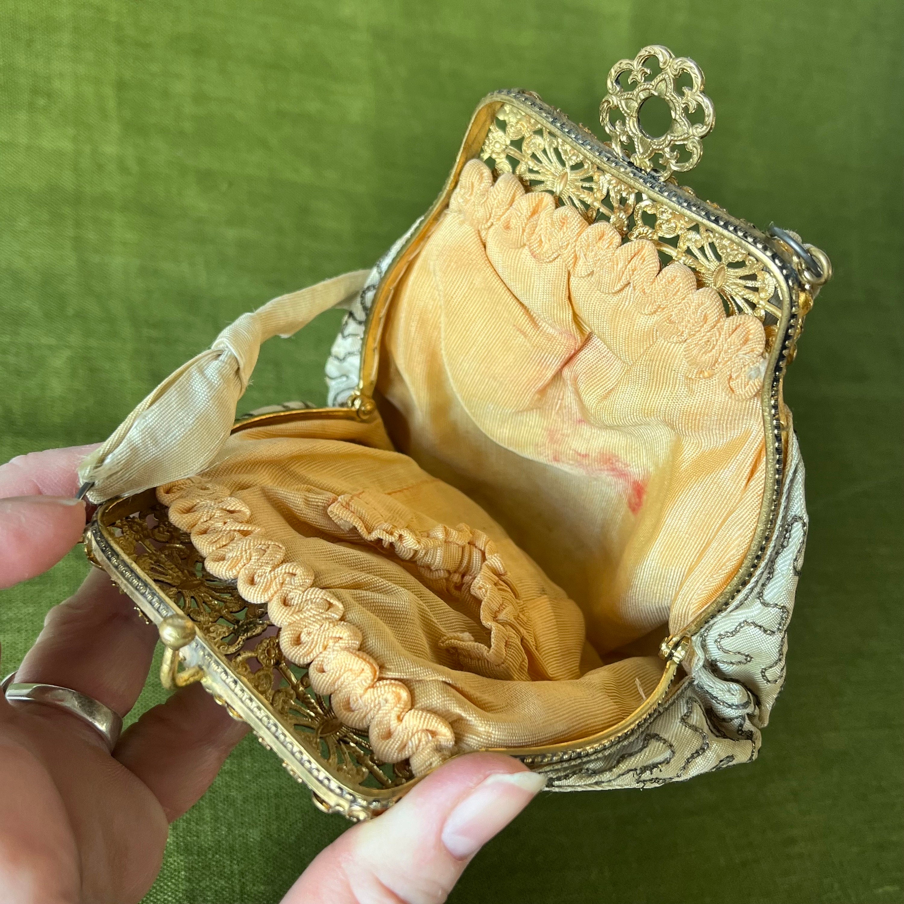 Antique Gold Thread Embroidered Clutch Bag. Silk Evening Bag