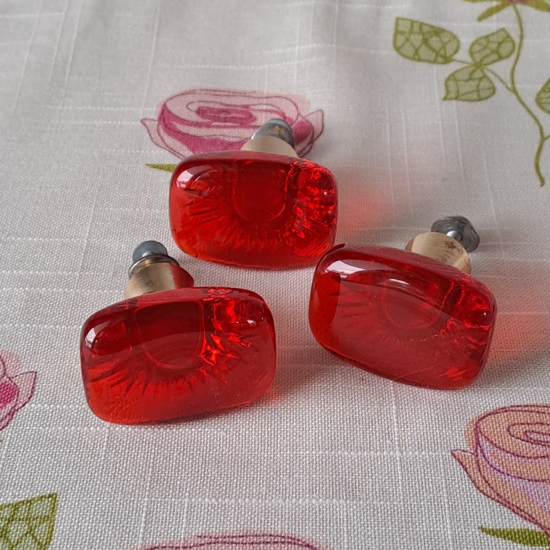 Swedish Vintage Glass Knobs From 1960's. Bright Red Glass With Brass. 2 Set