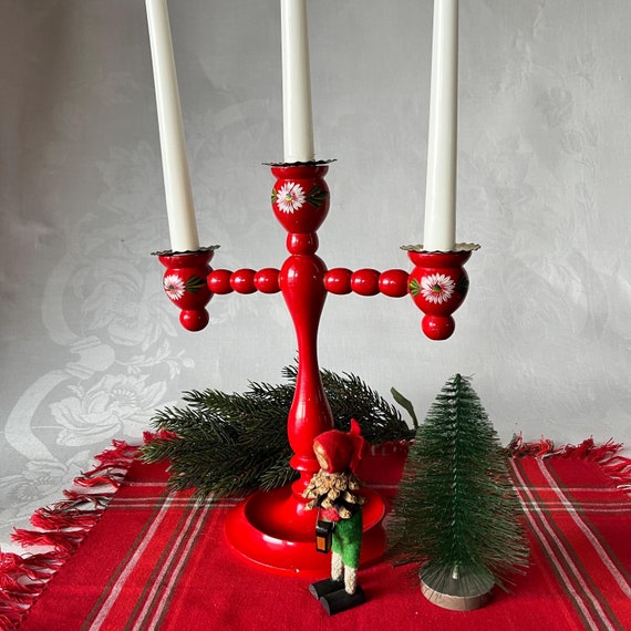 Folk Art 3-armed Christmas Wooden Candelabrum. Traditional Swedish