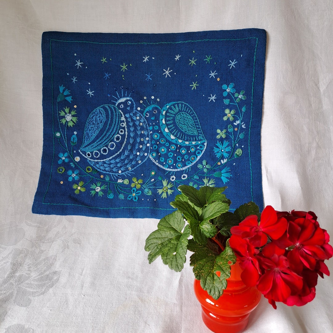 Blue Linen Vintage Hand Embroidered Wall Hanging. Love Birds Etsy